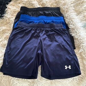 Three pairs of Boys XL Under Armour Golazo 3.0 shorts